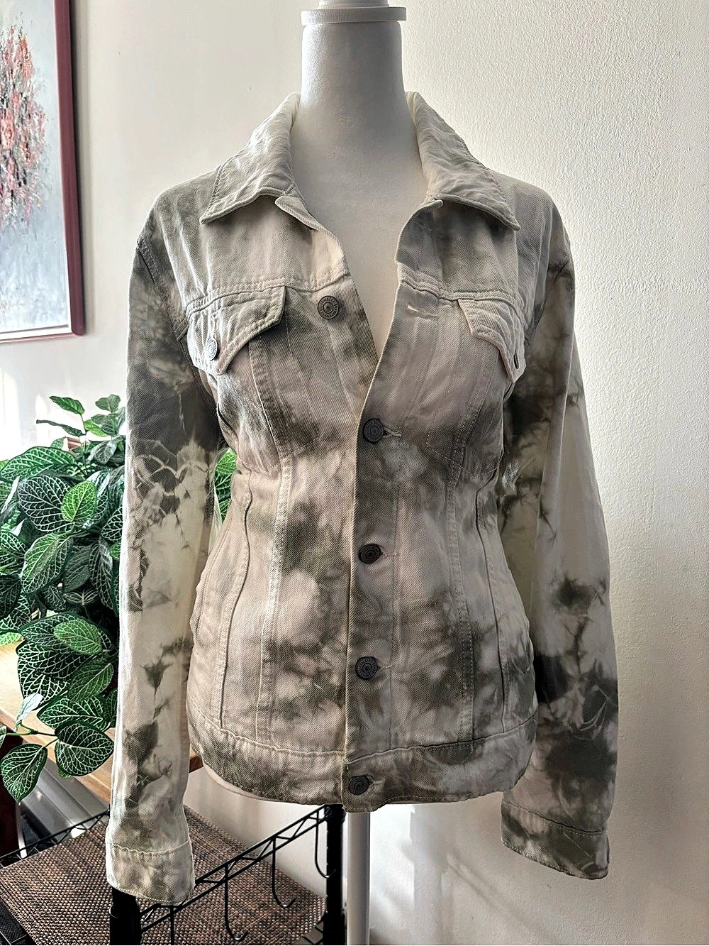 Lucky Brand Tie Dye Denim Trucker Jacket Gray & White Large